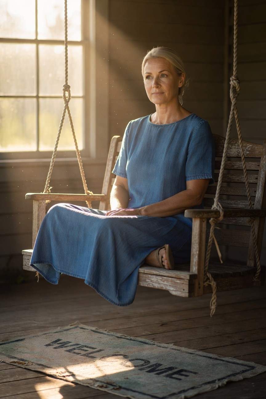 Mature blonde woman seated on a wooden porch swing wearing a loose-fitting blue denim midi dress with short sleeves and simple flat sandals, soft sunlight filtering through window behind her