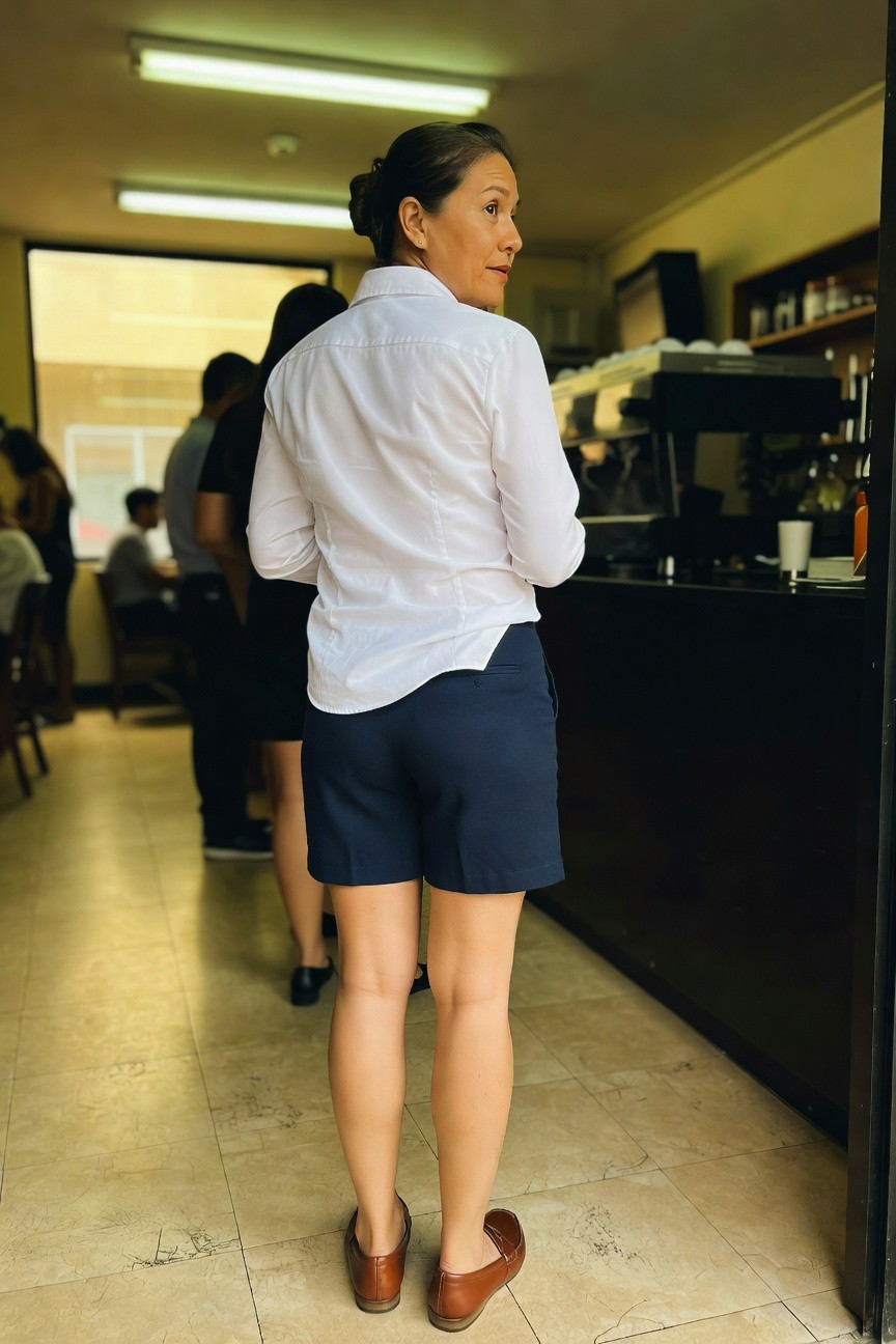 Back view of an Asian woman in a white long-sleeve button-up blouse tucked into high-waisted navy tailored mid-thigh shorts, wearing brown leather loafers, standing with arms loosely crossed at a coffee shop counter.
