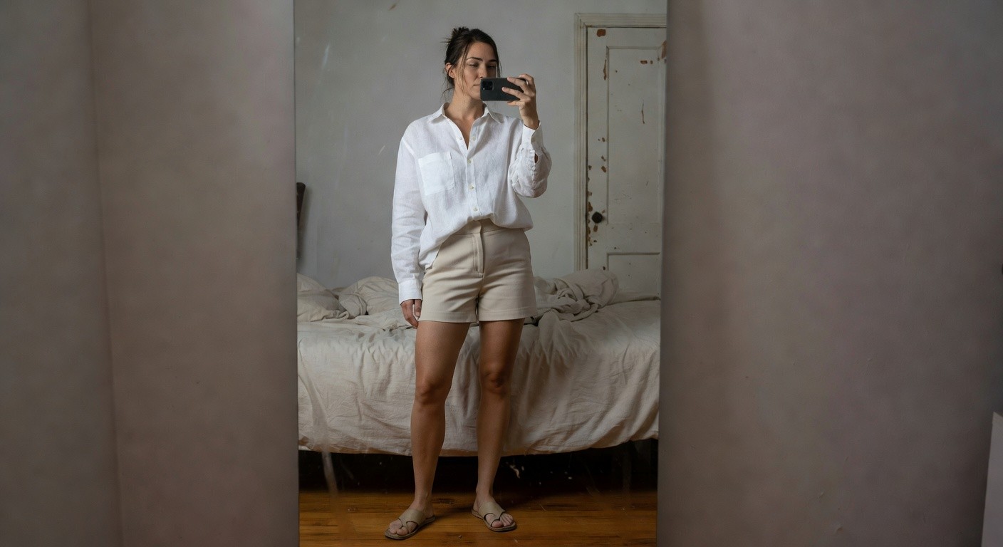 Woman in white oversized linen shirt partially unbuttoned, high-waisted beige tailored shorts, and cream strappy sandals, posing in front of a mirror selfie-style in a simple bedroom setting