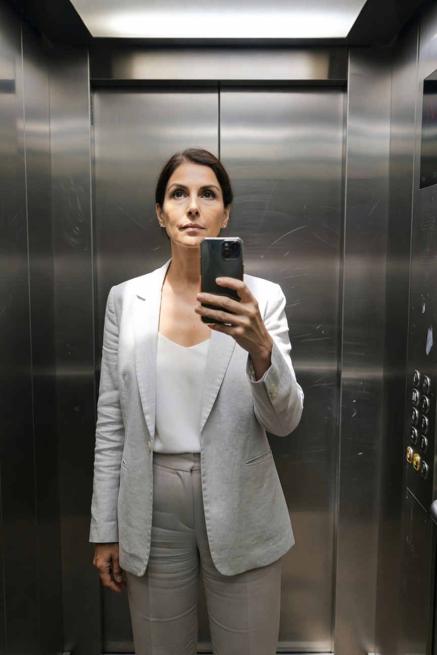 Woman in light gray textured blazer, white v-neck blouse, and matching gray trousers posing with phone in a mirrored elevator