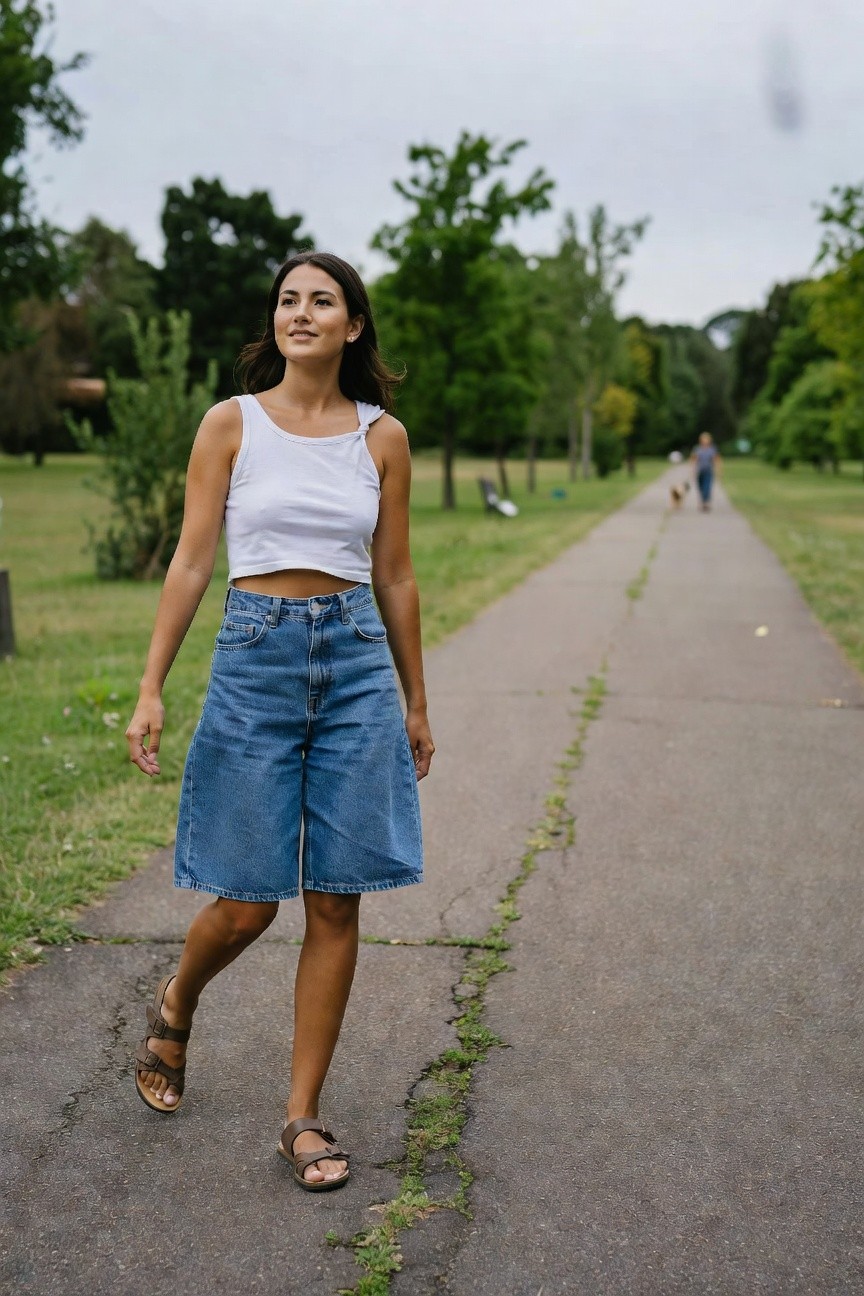 Woman wearing a white cropped tank top with thin straps, high-waisted baggy light blue denim shorts, and brown strappy flat sandals, walking on a paved path