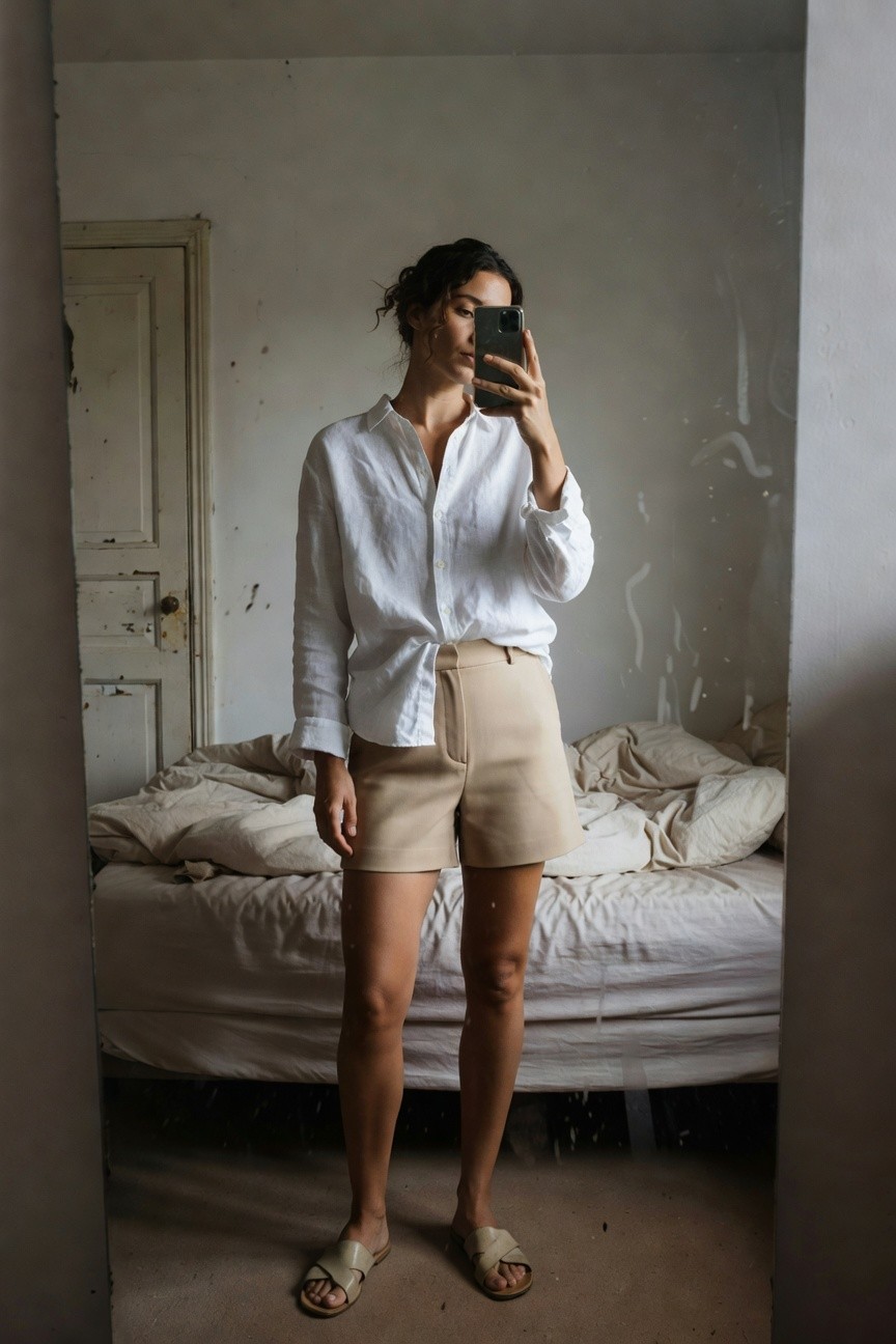 Woman in white oversized linen shirt partially unbuttoned, high-waisted beige tailored shorts, and cream strappy sandals, posing in front of a mirror selfie-style in a simple bedroom setting