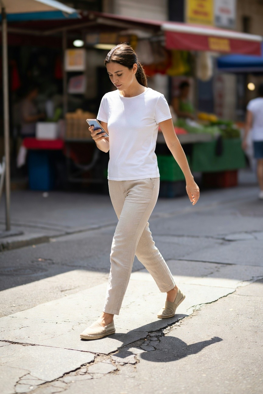 Woman walking in minimalist summer outfit: crisp white short-sleeve t-shirt, loose beige linen pants cropped at ankles, matching beige espadrille flats, holding phone, neutral tones for clean chic style