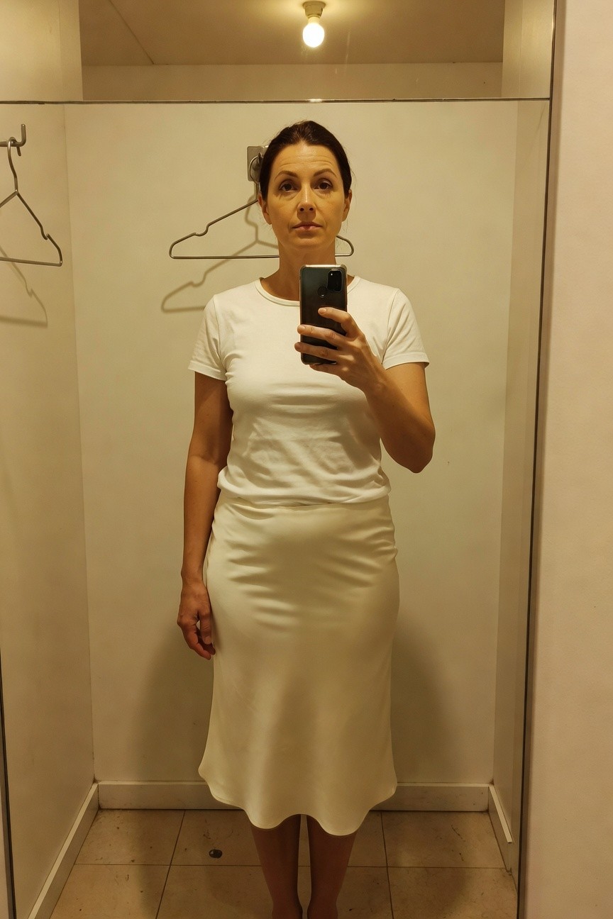 Woman taking a mirror selfie in a fitting room, wearing a fitted white short-sleeve t-shirt tucked into a high-waisted white satin midi skirt with a flared hem, standing barefoot on tiled floor