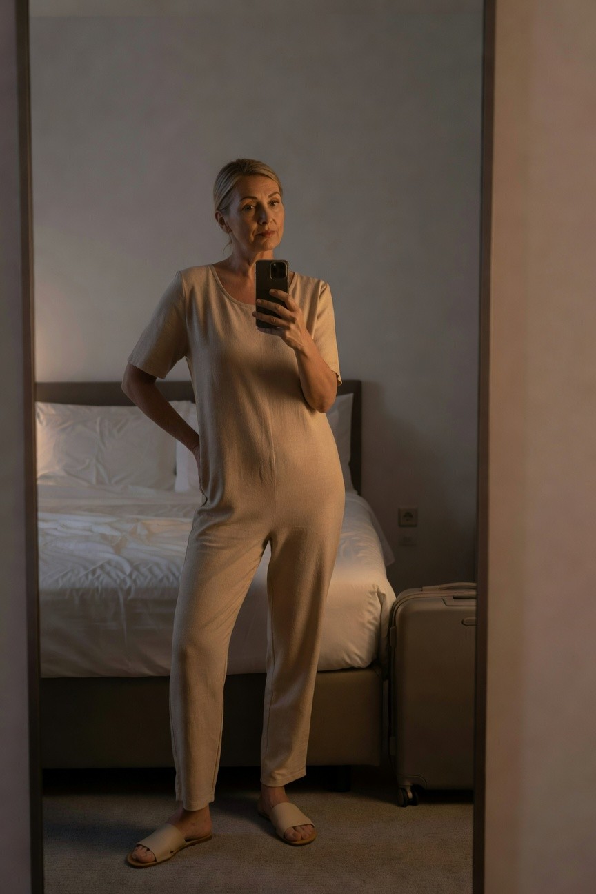 Woman taking a mirror selfie in a beige short-sleeve wide-leg linen jumpsuit with hands on hips, wearing matching flat sandals, standing in a simply furnished hotel bedroom with bed and suitcase in background