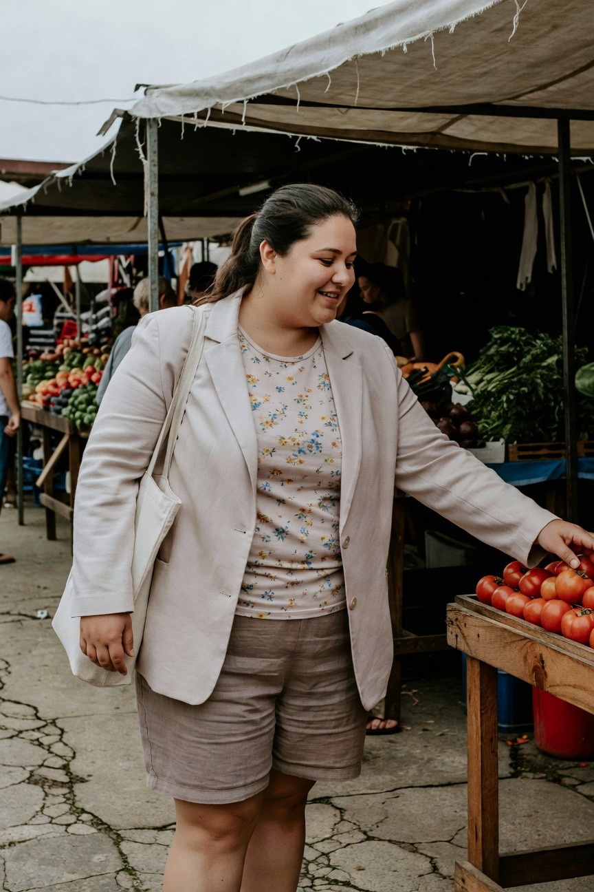 Plus-size woman smiling while reaching for tomatoes at a market stall, wearing a light cream blazer over a floral blouse, beige linen shorts, white tote bag, and sandals