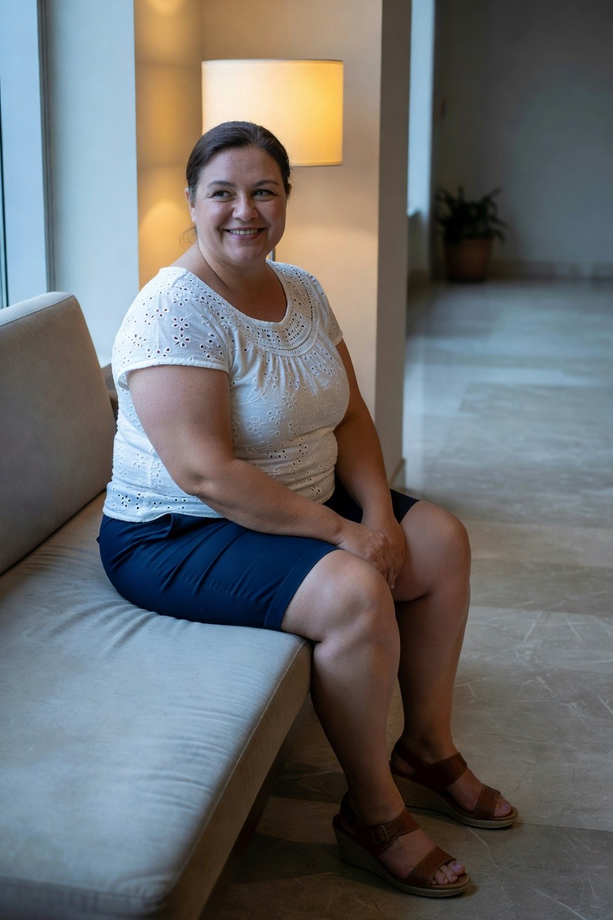 Plus-size woman sitting on a light gray sofa wearing a white short-sleeved eyelet blouse with lace neckline details, navy knee-length skirt, and tan strappy wedge sandals, smiling warmly in a modern indoor setting