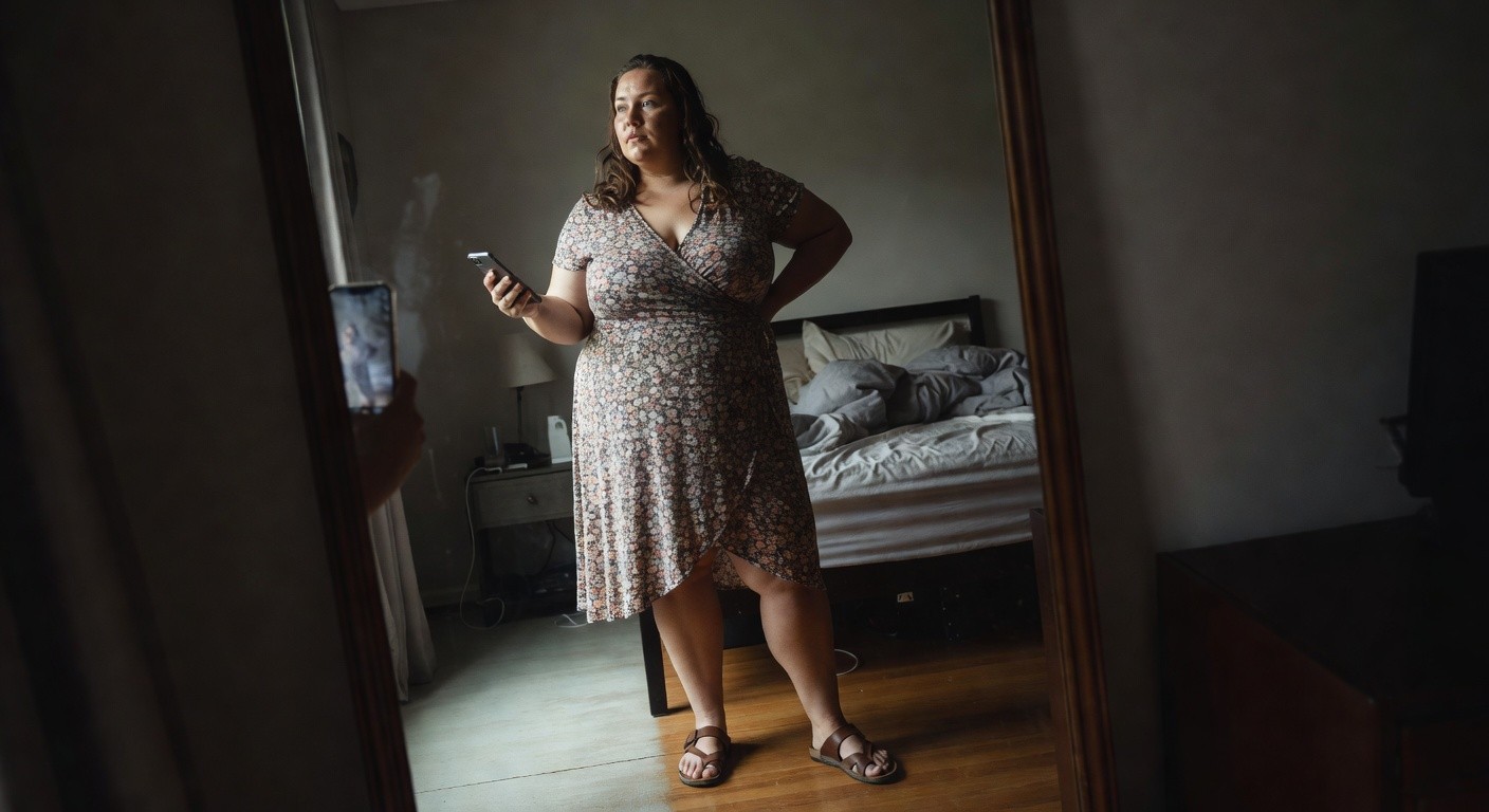 Plus-size woman smiling in selfie wearing light wrap midi dress with pink floral print on white base, belted at waist, short sleeves, paired with tan leather flat sandals, standing in simple bedroom