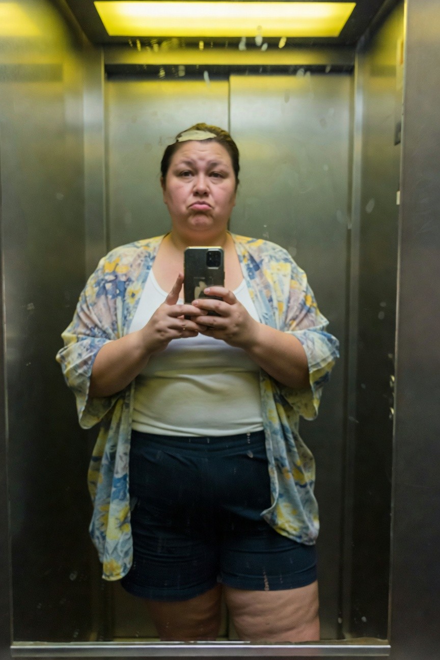 Plus-size woman taking elevator selfie in light blue-and-yellow floral kimono jacket over white tank top tucked into mid-thigh navy denim shorts, white headband, holding phone, metallic elevator walls behind