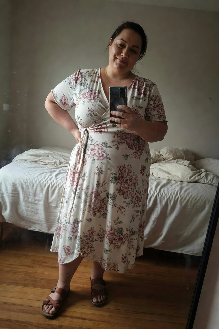 Plus-size woman smiling in selfie wearing light wrap midi dress with pink floral print on white base, belted at waist, short sleeves, paired with tan leather flat sandals, standing in simple bedroom