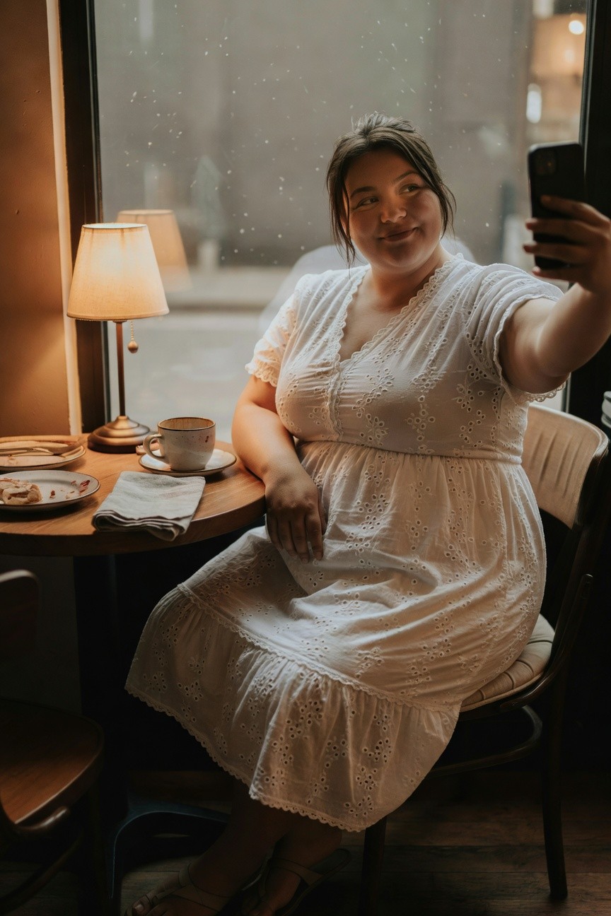 Plus-size woman selfie in a white eyelet midi dress with short sleeves, V-neckline, tiered skirt, and strappy sandals, seated at a wooden cafe table with cup and plate