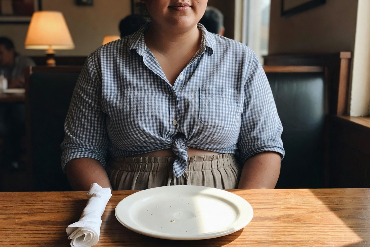 Plus-size woman at brunch table in light blue gingham button-up shirt knotted at waist exposing midriff paired with high-waisted beige pleated skirt, napkin and empty plate nearby
