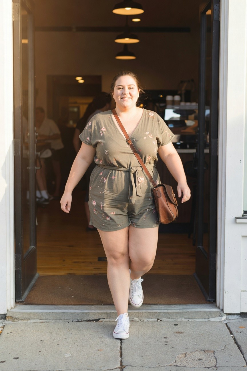 Plus-size woman in a sage green floral print short-sleeve romper with tie waist, brown crossbody bag, and white Converse sneakers, walking out of a cafe door