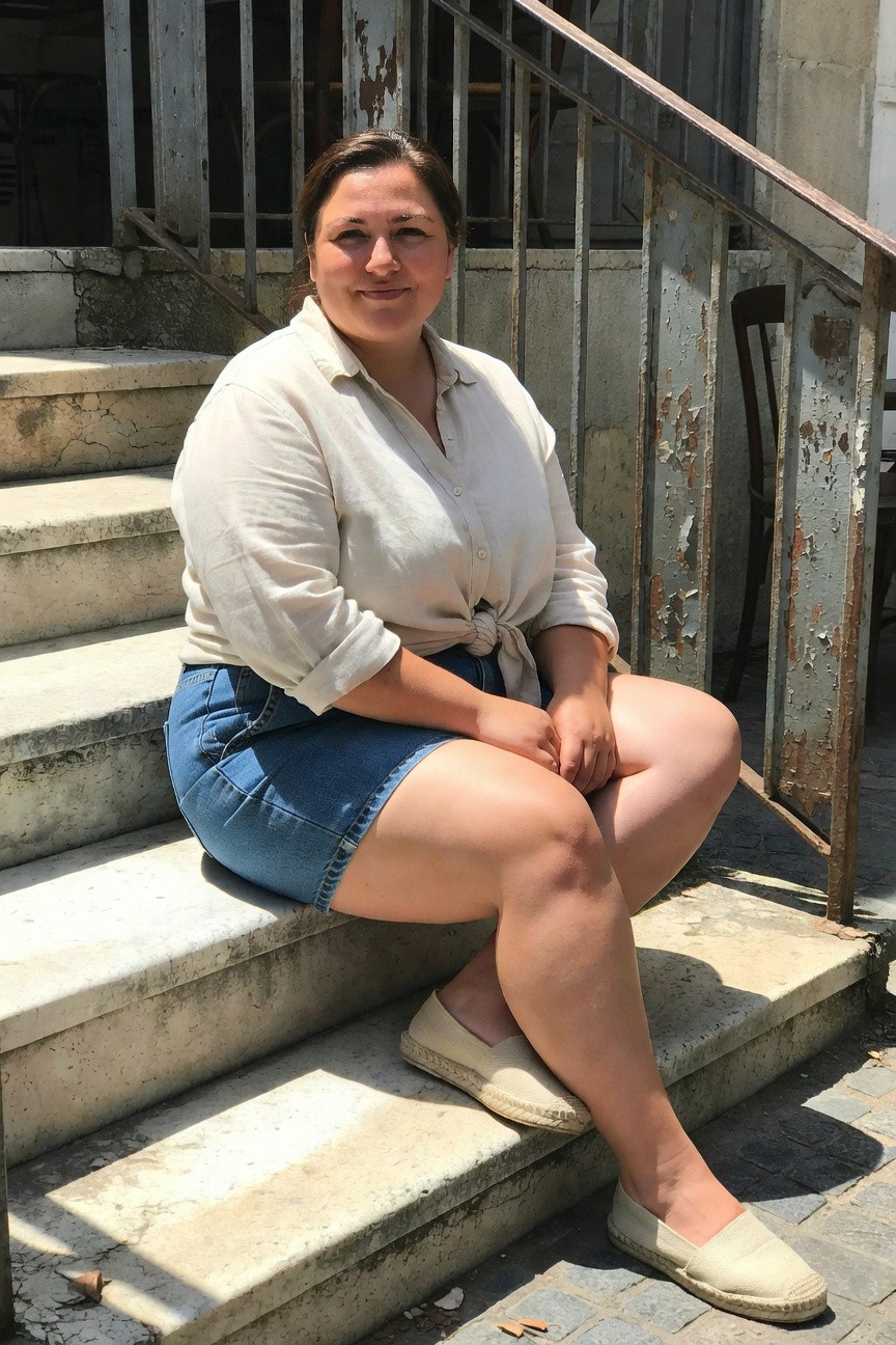 Plus-size woman seated on stone steps wearing an off-white linen button-up shirt with rolled sleeves and waist tie, high-waisted blue denim shorts, and beige espadrille flats, smiling at camera