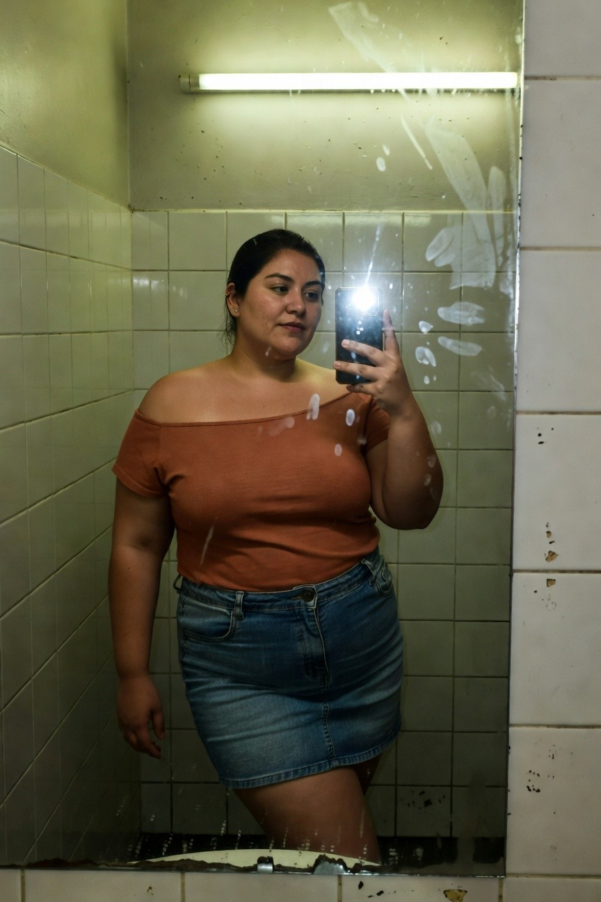 Plus-size woman taking a mirror selfie in a tiled bathroom wearing a rust-colored off-shoulder knit top and high-waisted blue denim mini skirt, holding her phone with one hand and standing confidently.