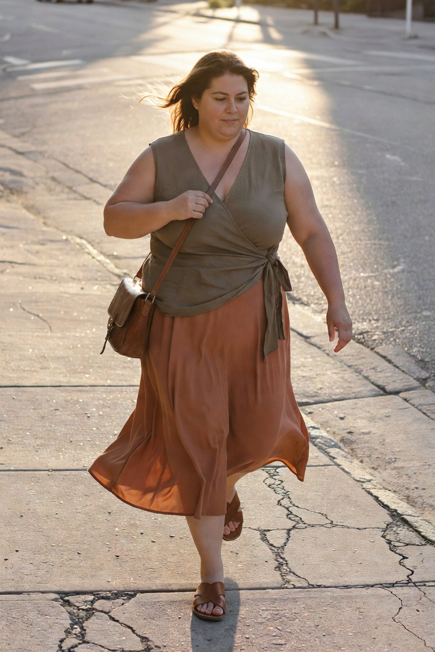 Plus-size woman walking in olive green sleeveless wrap tank top tucked into rust orange flowy midi skirt, brown leather crossbody bag, tan strappy sandals, street pavement background