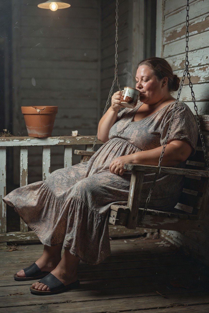 Plus-size woman lounging on a porch swing in a flowy beige and brown printed tiered maxi dress with v-neck and short sleeves, paired with black flat slides, holding a mug