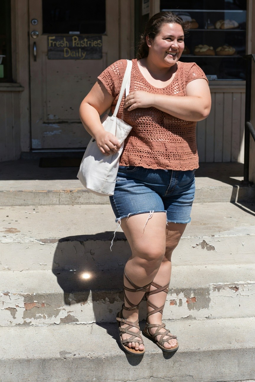 Plus-size woman smiling on bakery steps wearing rust crocheted knit top, white tote bag, frayed blue denim cutoff shorts, and tan strappy gladiator sandals