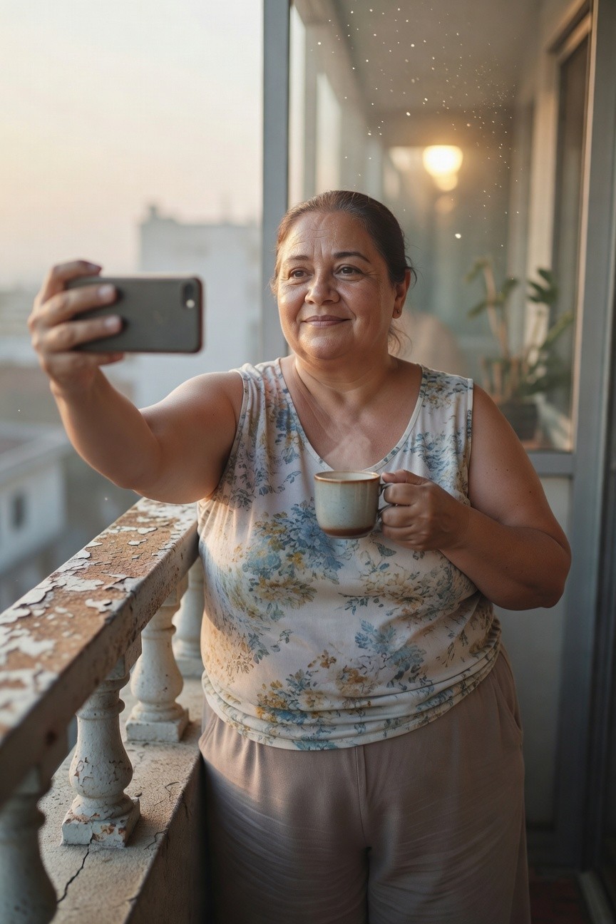Plus-size woman taking a selfie on a balcony, wearing a sleeveless floral tank top in light blues and yellows with beige wide-leg pants, holding a coffee mug