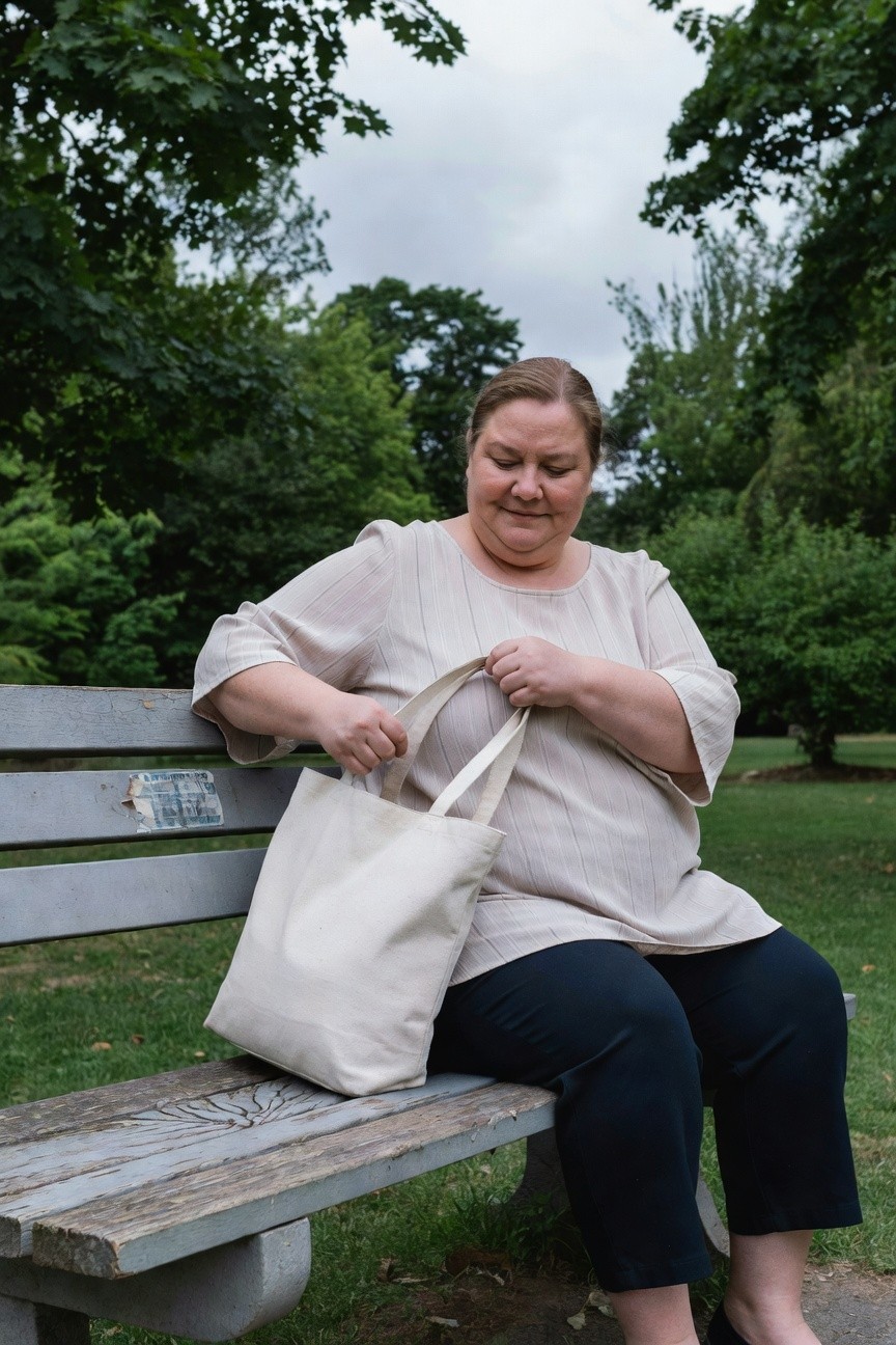Plus-size woman seated on a bench holding a white canvas tote bag, wearing a loose cream striped blouse with bell sleeves, black cropped wide-leg pants, and black flats