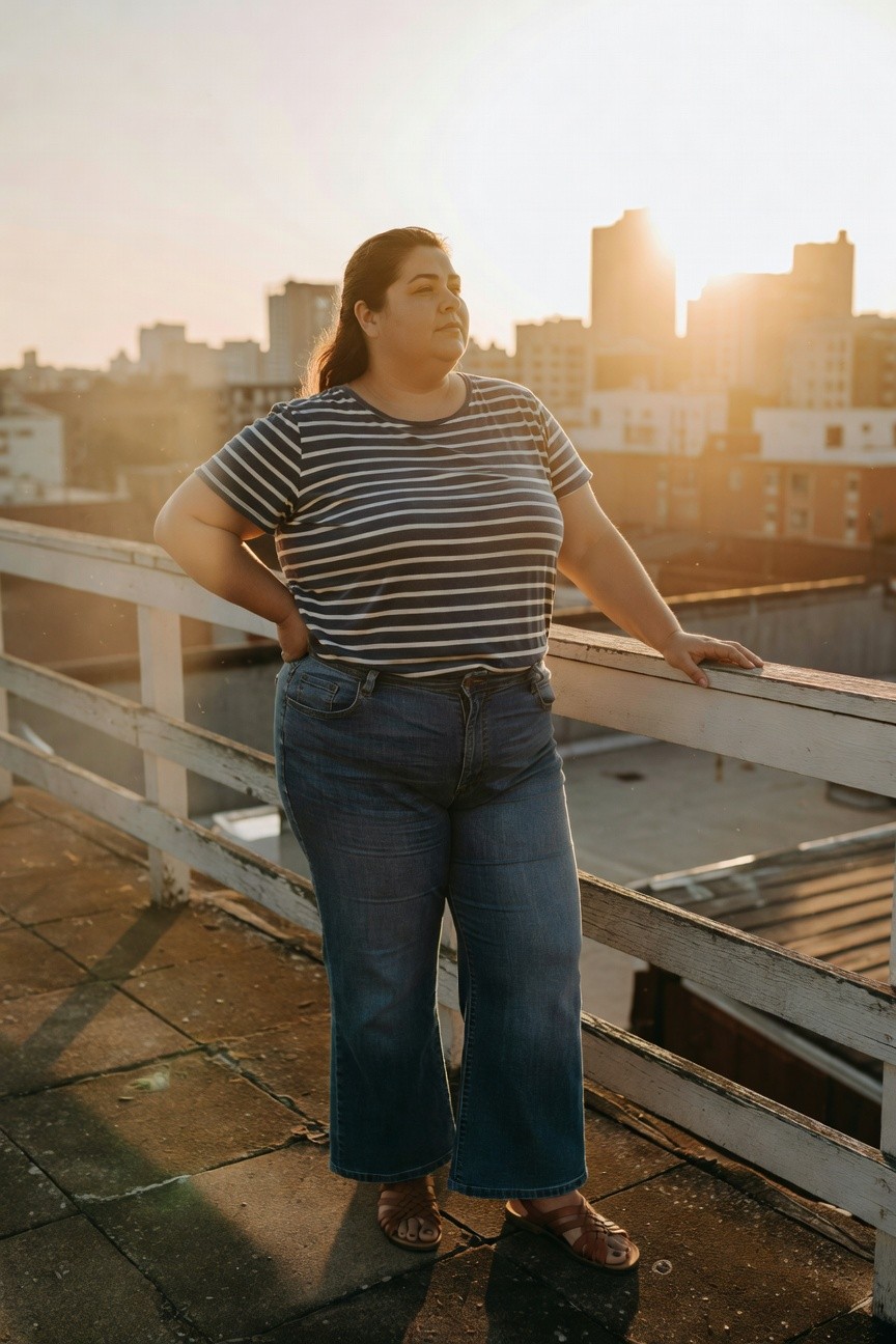 Plus-size woman in navy and white horizontal striped short-sleeve t-shirt, high-waisted light blue wide-leg jeans, and tan crisscross strappy flat sandals, standing with hands on hips and one hand on a white railing