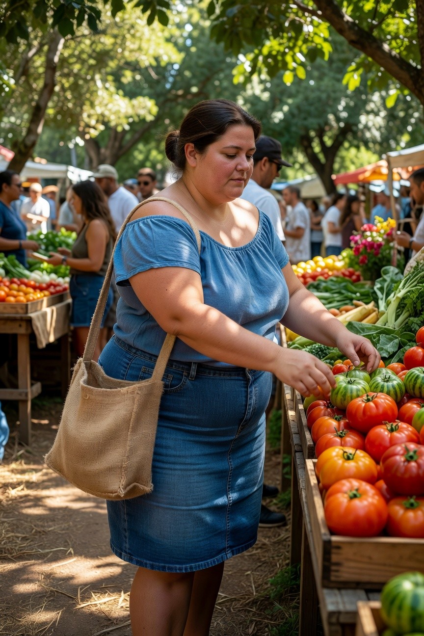 Plus-size woman in a light blue off-shoulder top, short blue denim skirt, and beige woven tote bag, selecting tomatoes at an outdoor market stall