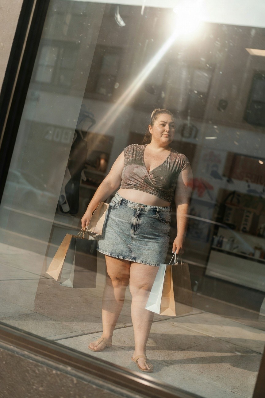 Plus size woman reflected in storefront window wearing gray camo-printed wrap crop top, high-waisted light wash denim mini skirt, strappy flat sandals, and holding two shopping bags on a city sidewalk