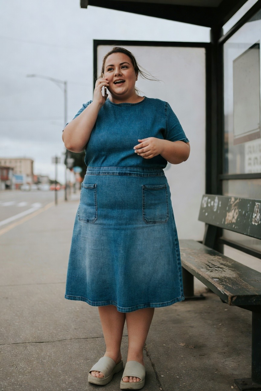 Plus-size woman in blue denim shirt dress with short sleeves and knee-length skirt, standing at a bus stop holding a phone to her ear, wearing chunky platform slide sandals, casual summer style.