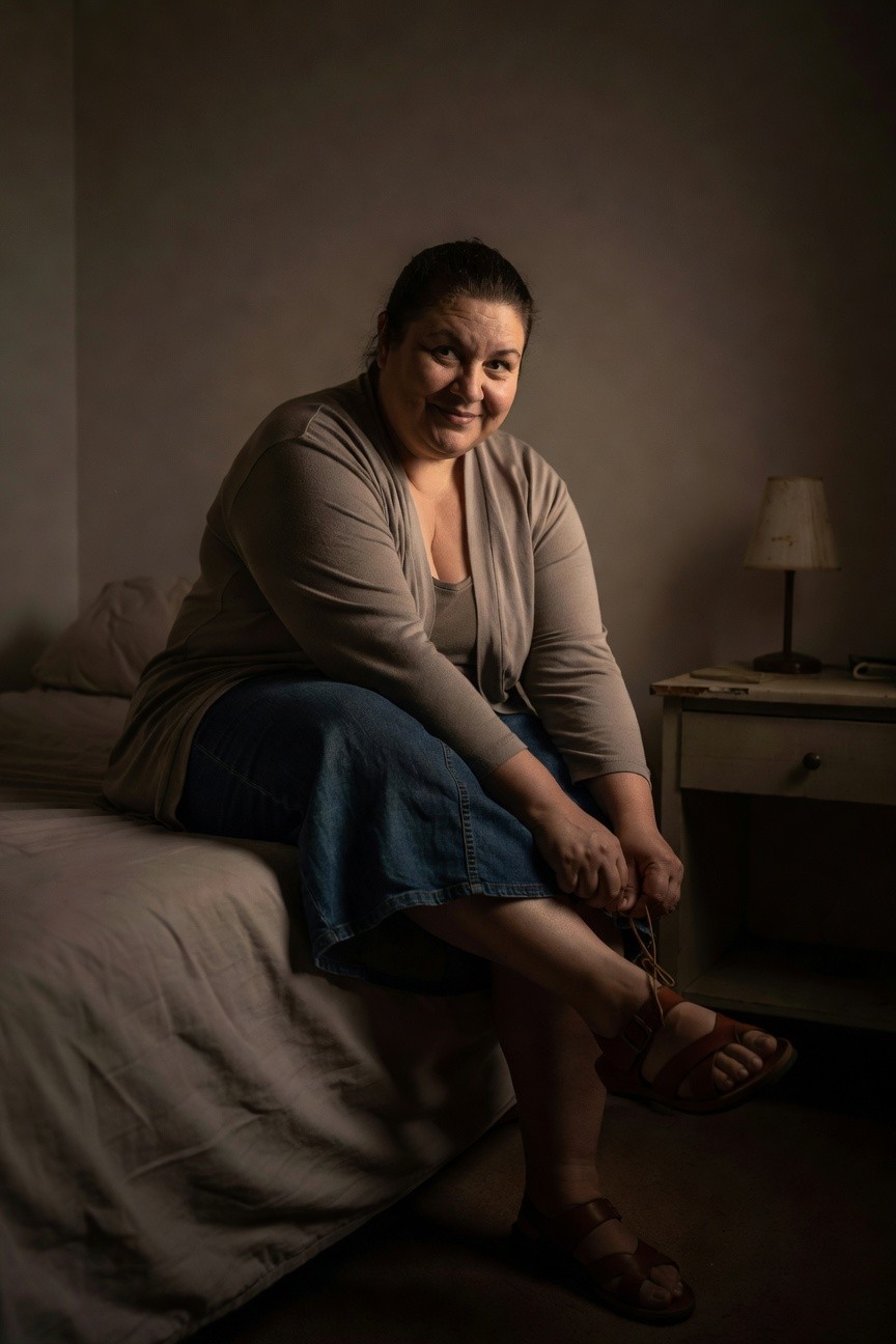 Plus-size woman sitting on bed wearing open gray cardigan over gray tank top, blue denim A-line skirt, and brown strappy sandals, adjusting her footwear in warm indoor lighting