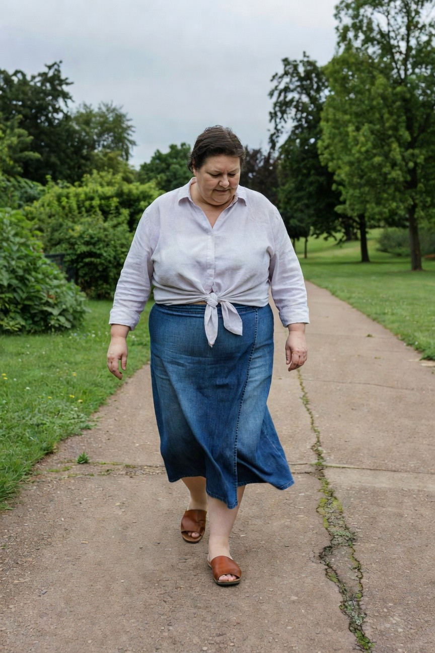 Plus-size woman in a tied white linen long-sleeve blouse, long flared blue denim skirt, and tan leather slide sandals, walking on a path