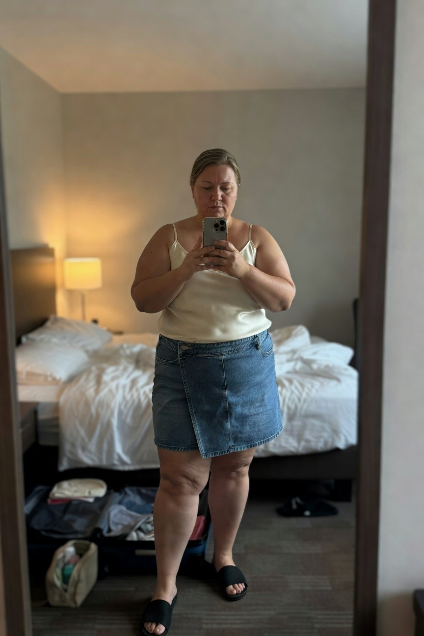 Plus-size woman in a white satin camisole tank top, short blue denim wrap skirt, and black flip-flops, standing casually in a hotel room mirror selfie with bed and luggage in background