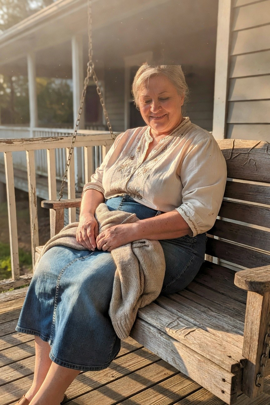 Plus-size woman in her 50s sitting on a porch swing, wearing a white embroidered long-sleeve blouse tucked into a long blue denim skirt, beige knit throw over her lap, tan sandals, and a gold ring, smiling softly