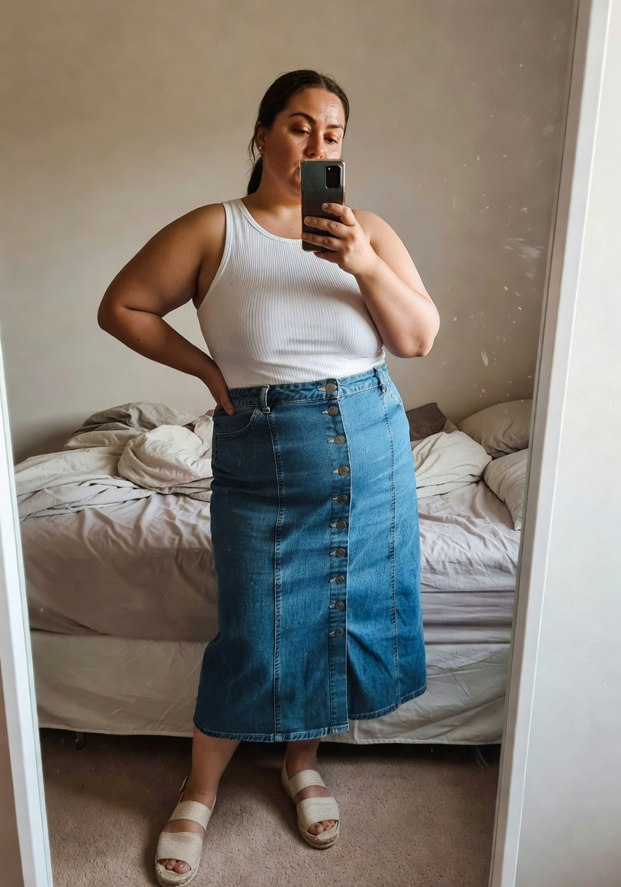 Plus-size woman taking a mirror selfie in a bedroom, wearing a fitted white ribbed sleeveless tank top tucked into a long blue button-front denim skirt with straight silhouette, paired with beige flat espadrilles, natural indoor lighting