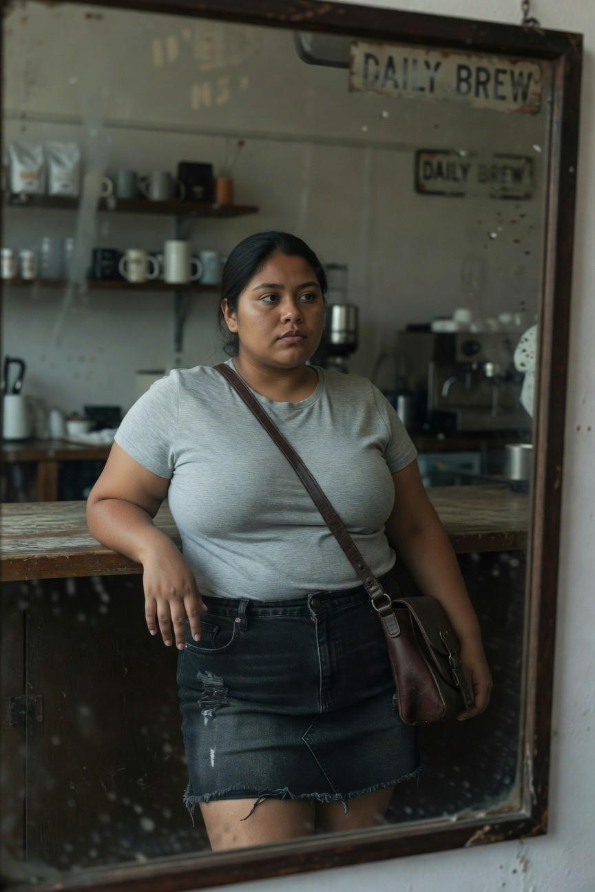 Plus-size woman in a fitted gray t-shirt, short distressed black denim skirt, and brown crossbody bag, leaning on a coffee shop counter reflected in a vintage mirror