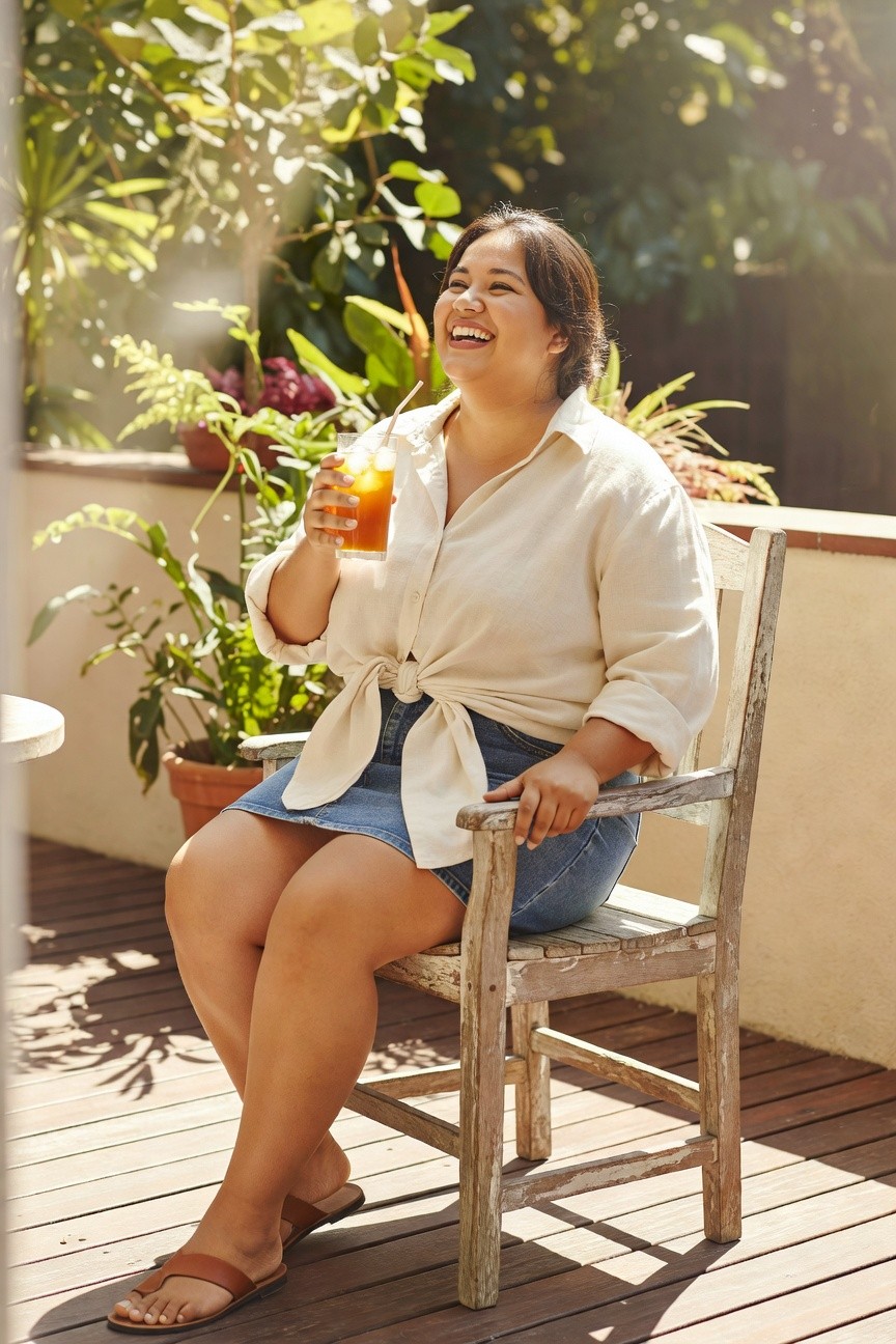 Plus-size woman smiling while seated outdoors on a wooden chair, wearing a cream linen button-up shirt tied at the waist, a short faded blue denim skirt, and tan leather flip-flop sandals, holding a glass of orange juice surrounded by potted plants