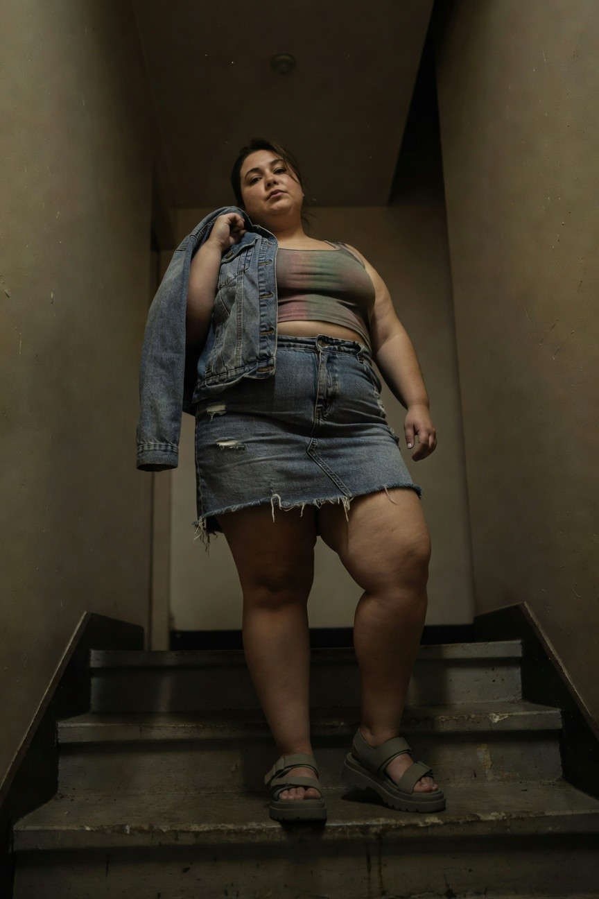 Plus-size woman standing confidently on concrete stairs in an open distressed denim jacket layered over a multicolored cropped tank top, paired with a high-waisted ripped denim mini skirt and gray platform sandals, low-lit indoor setting