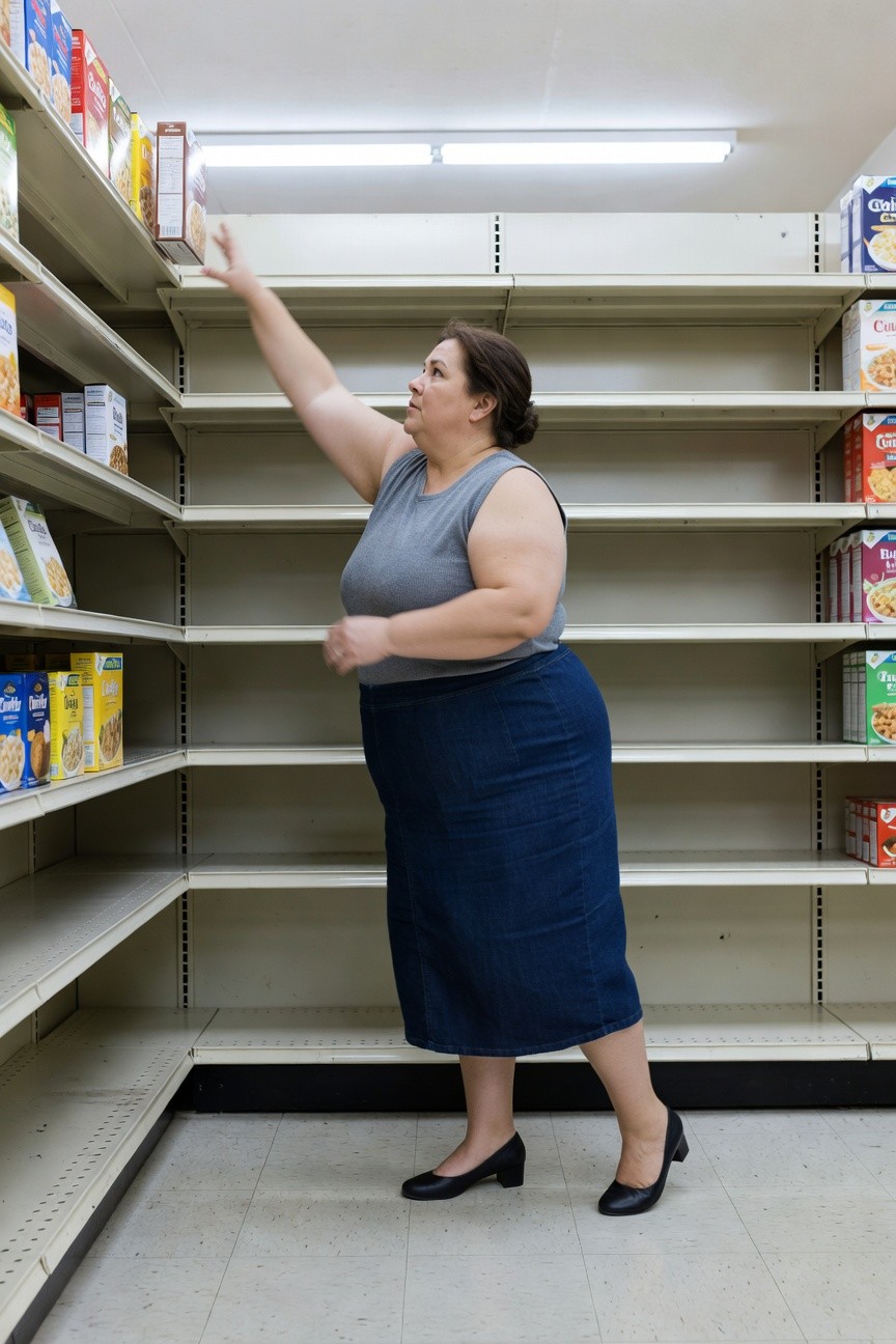 Plus-size woman reaching for cereal boxes in grocery aisle, wearing loose gray sleeveless tank top, dark blue midi denim skirt, and black pointed pumps