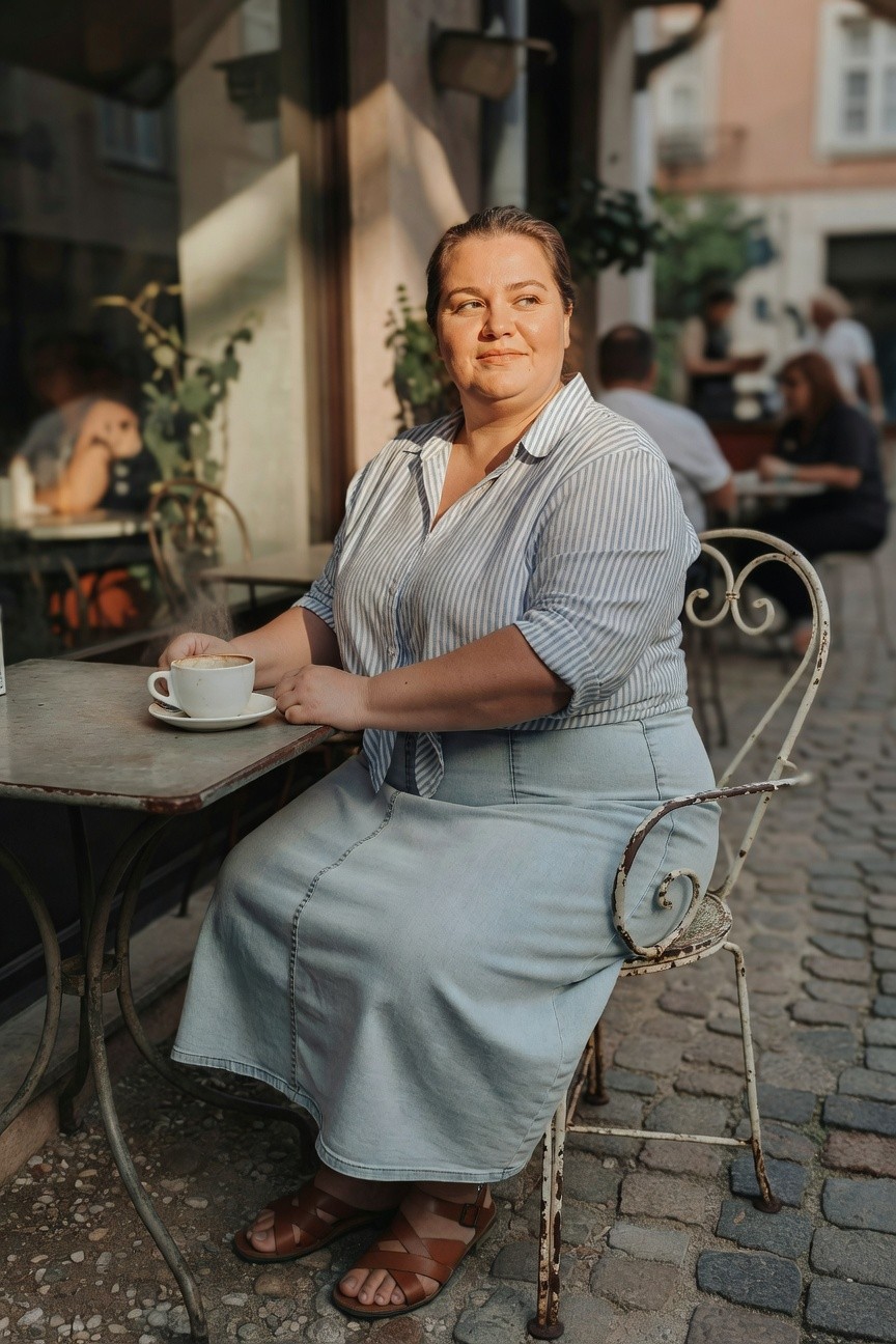 Plus-size woman seated at outdoor café table wearing light blue and white striped cotton blouse with rolled sleeves, light wash denim midi skirt with tie waist, and tan cross-strap sandals, holding a coffee cup