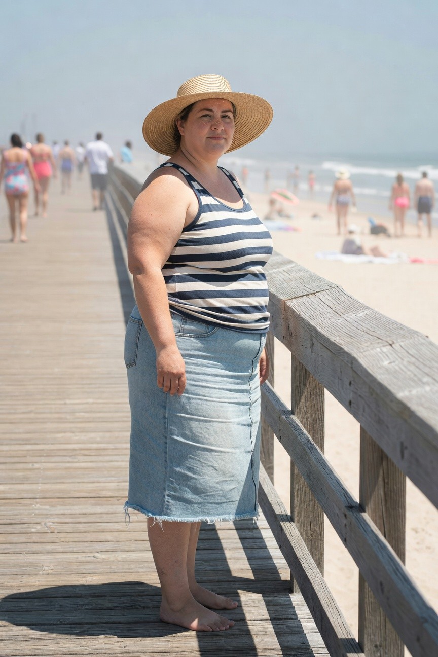 Plus-size woman standing on a wooden pier wearing a black and white striped sleeveless tank top, light blue frayed midi denim skirt, wide-brim straw hat, and barefoot, with beachgoers in the blurred background