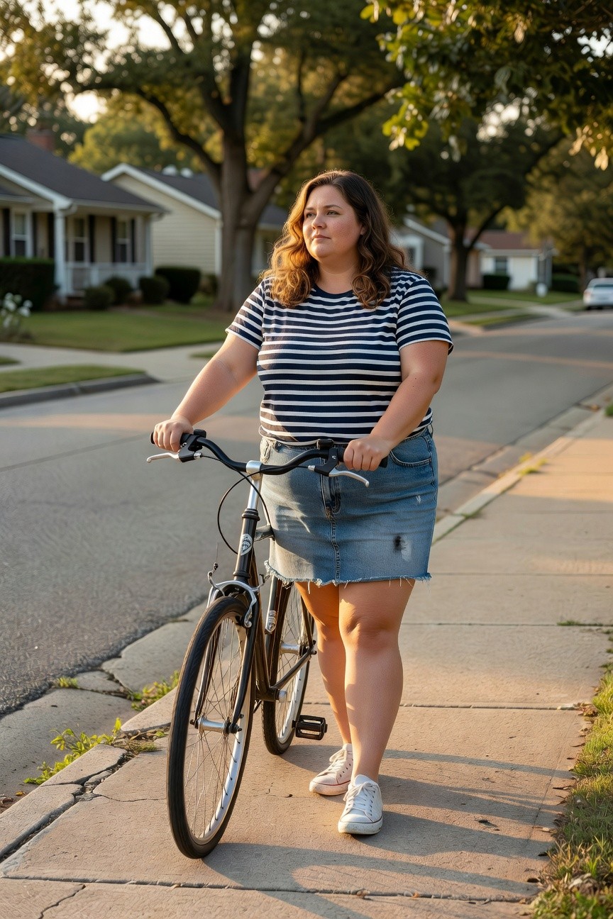 Plus size woman in navy white horizontal striped short sleeve t shirt tucked into high waisted faded ripped denim mini skirt with frayed hem and white high top Converse sneakers gripping handlebars of black city bike