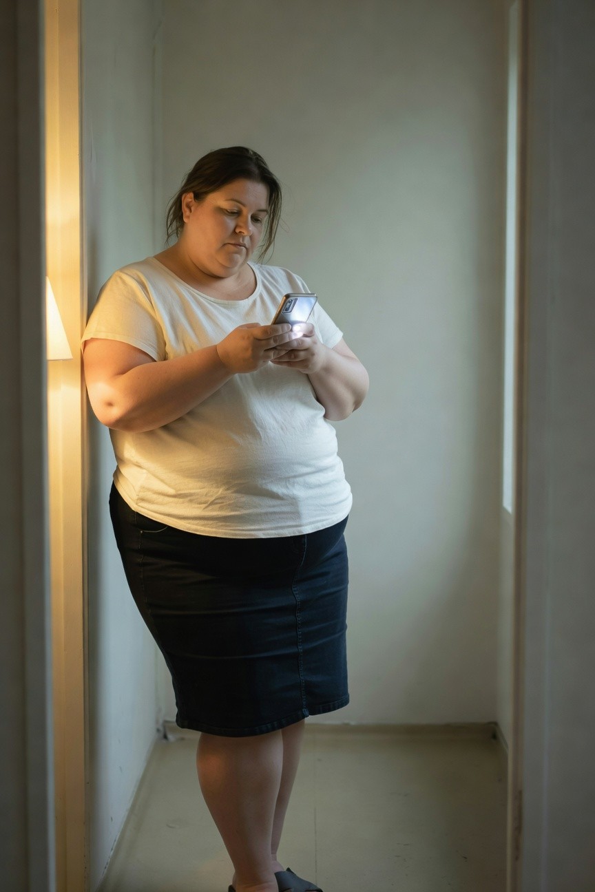 Plus-size woman standing in a light hallway wearing a loose white t-shirt, fitted black denim knee-length skirt, and black flat sandals while holding a smartphone