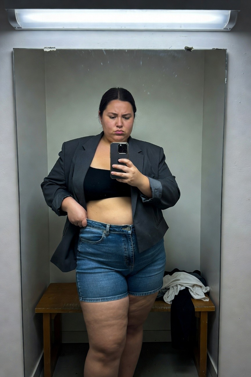 Plus-size woman with concerned expression taking mirror selfie in changing room, wearing open gray blazer over black crop top and high-waisted blue denim shorts, hand pinching waist, clothes draped on bench behind