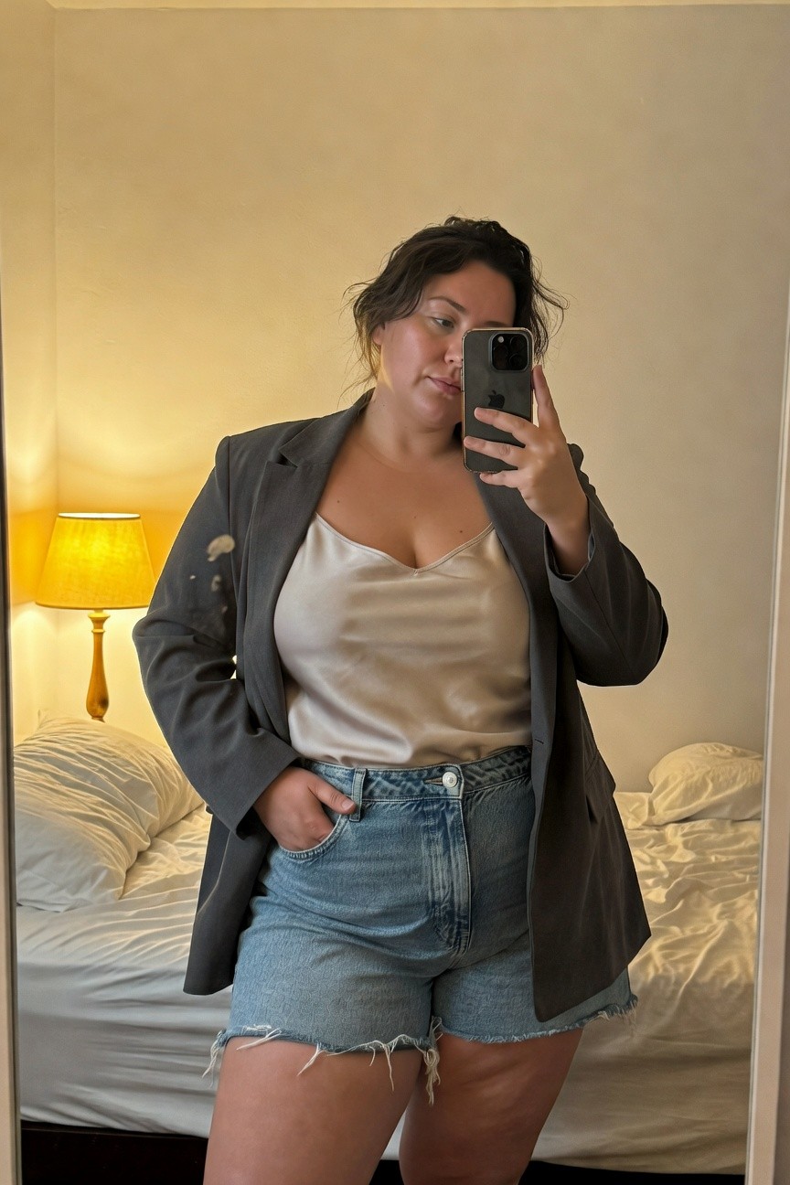 Plus-size woman in a mirror selfie wearing an open gray blazer over a cream silk camisole with deep V-neck, high-waisted light blue frayed denim shorts, hands in pockets, bedroom background with lamp and bed