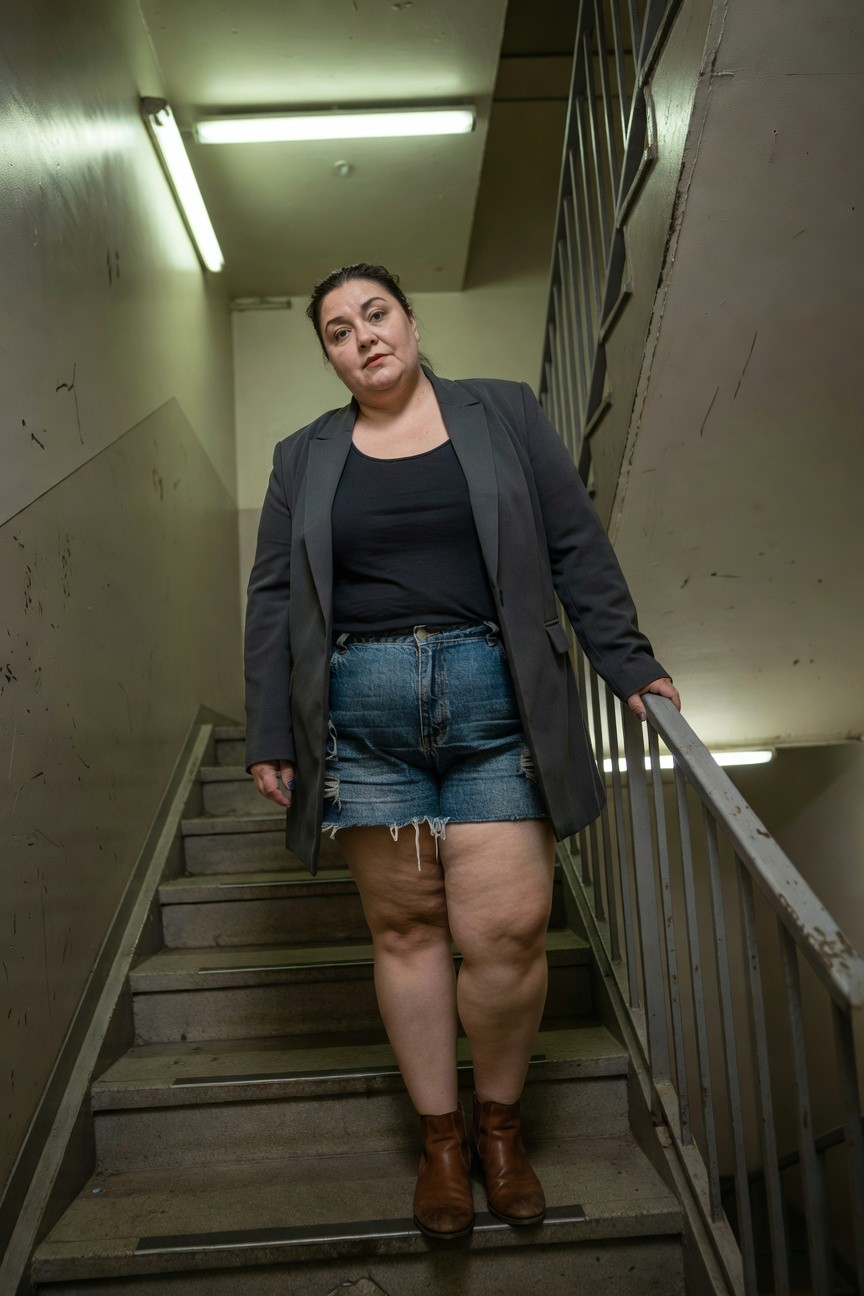 Curvy woman in open charcoal blazer over black tank top, high-waisted frayed blue jean shorts, and brown ankle boots, posing confidently on concrete stairs