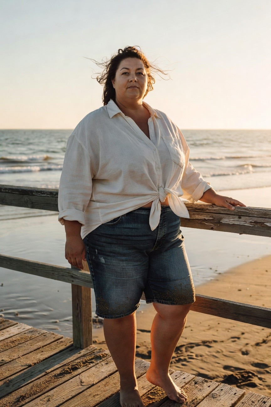Plus-size woman standing on a wooden pier wearing an oversized white linen button-up shirt tied at the waist, distressed mid-thigh blue denim shorts, and barefoot, facing the ocean with one hand on the railing