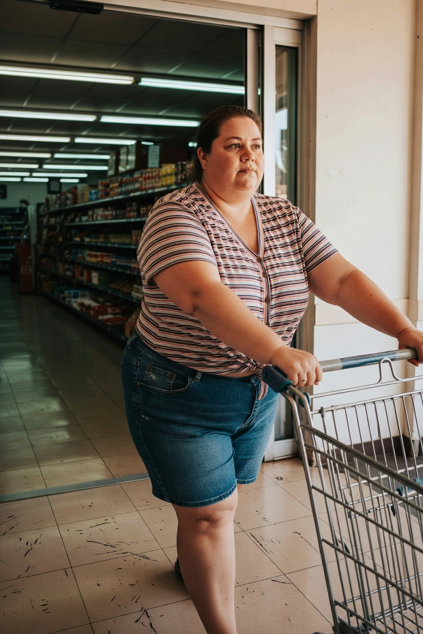 Plus-size woman with brown hair wearing a loose-fitting short-sleeved striped top in pink and white tones tucked into mid-thigh blue denim cutoff shorts while pushing a metal shopping cart in a brightly lit grocery store aisle