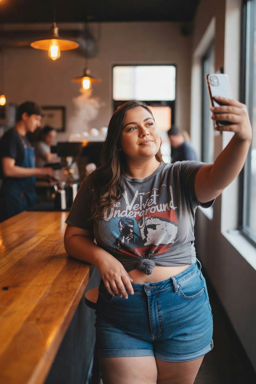 Plus-size woman taking a selfie in a coffee shop, wearing a gray Velvet Underground graphic t-shirt knotted at the waist and high-waisted light blue denim shorts, leaning on a wooden bar with baristas in the background