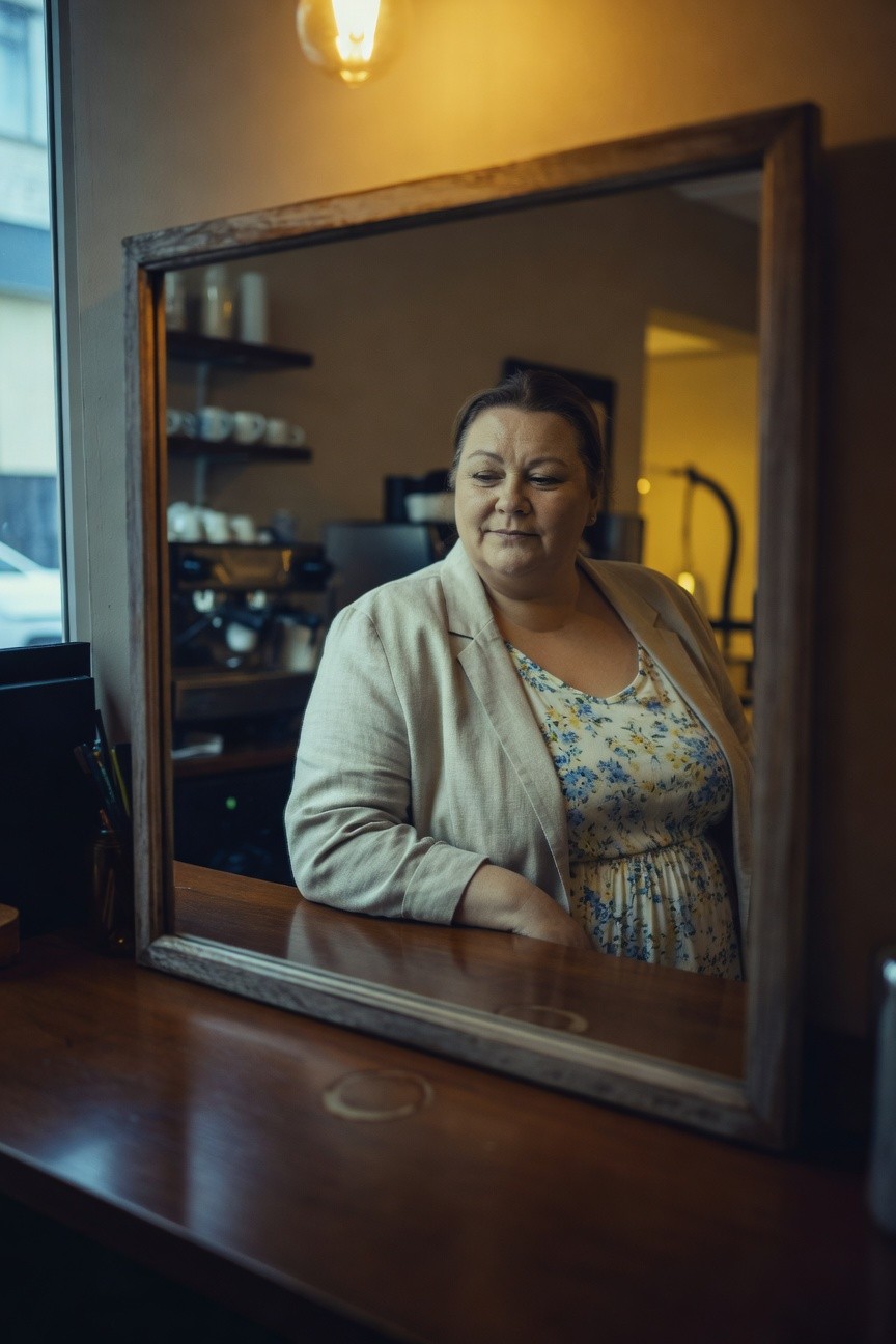 Plus-size woman reflected in a wooden-framed mirror wearing an open light beige blazer over a white floral dress with blue flowers, standing at a wooden counter in a cafe setting
