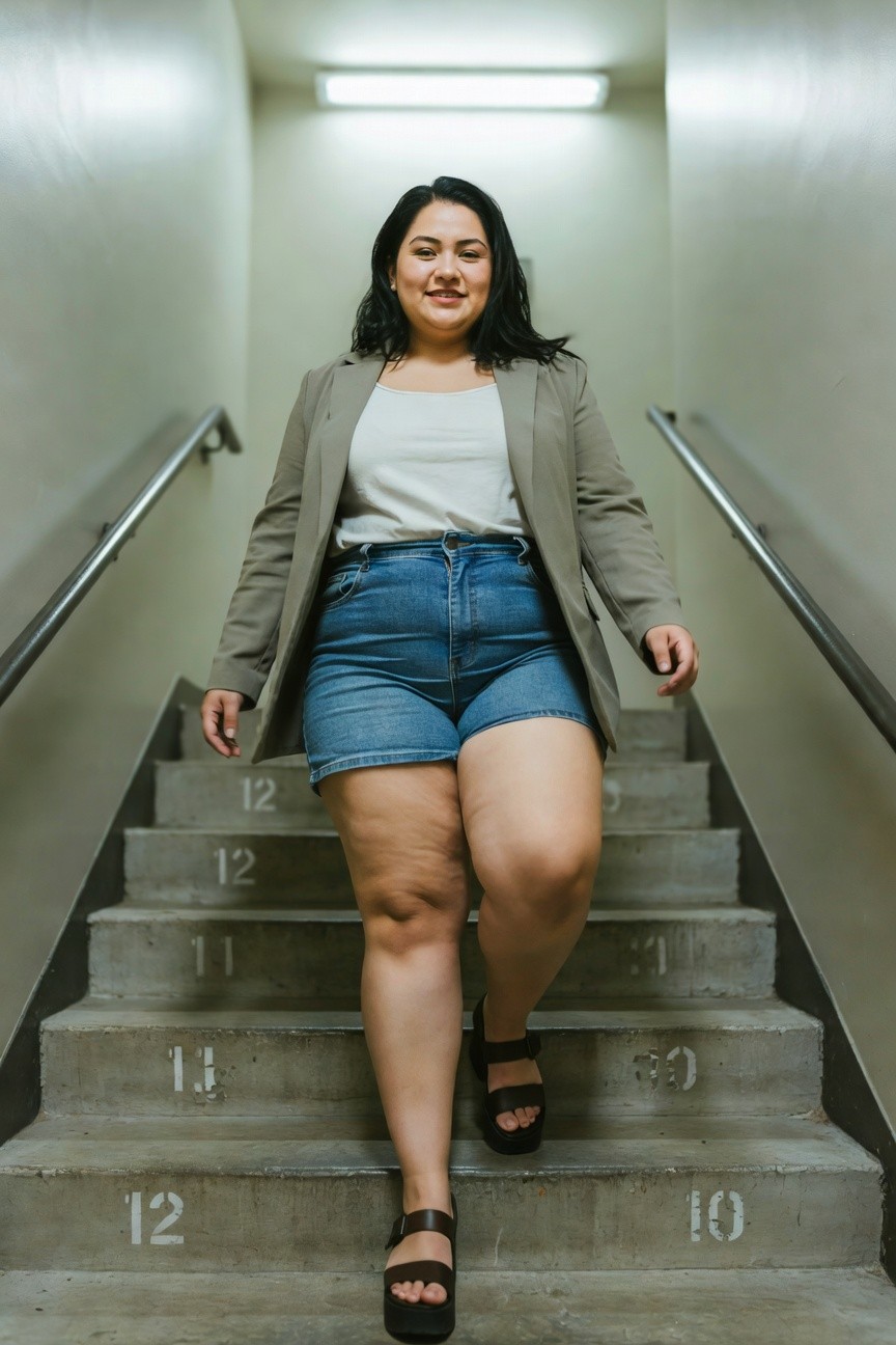 Plus-size woman with dark hair smiling while walking up concrete stairs in an open beige blazer over white tank top, high-waisted blue denim shorts, and black platform sandals, indoor hallway setting