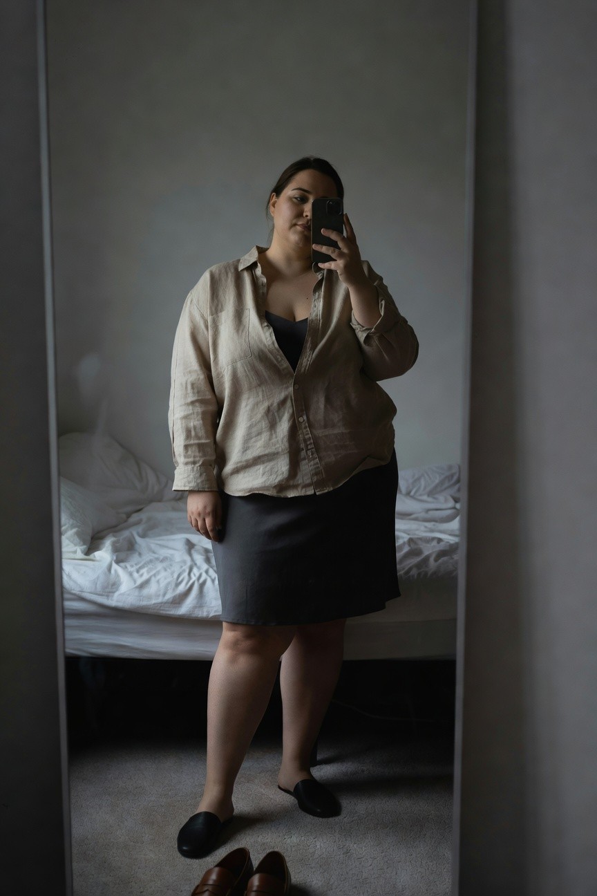 Plus-size woman in bedroom mirror selfie wearing an open beige linen button-down shirt over a black tank top and gray knee-length skirt, standing on carpet with black slippers on feet and brown loafers nearby, bed in background